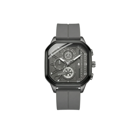 Gray wristwatch with a detailed face on a white background