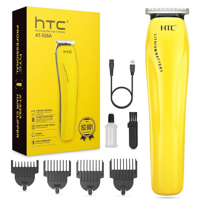 Yellow HTC hair trimmer with packaging, attachments, and charging cable on a white background