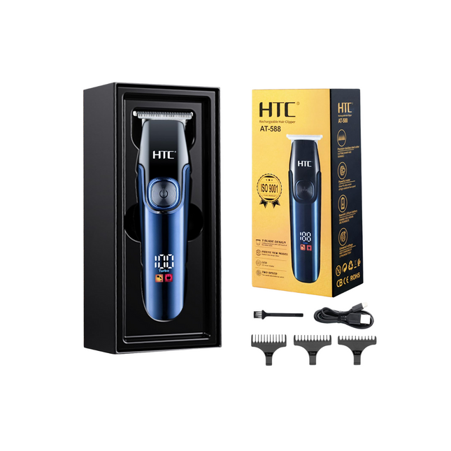 HTC hair trimmer with packaging and accessories on a white background