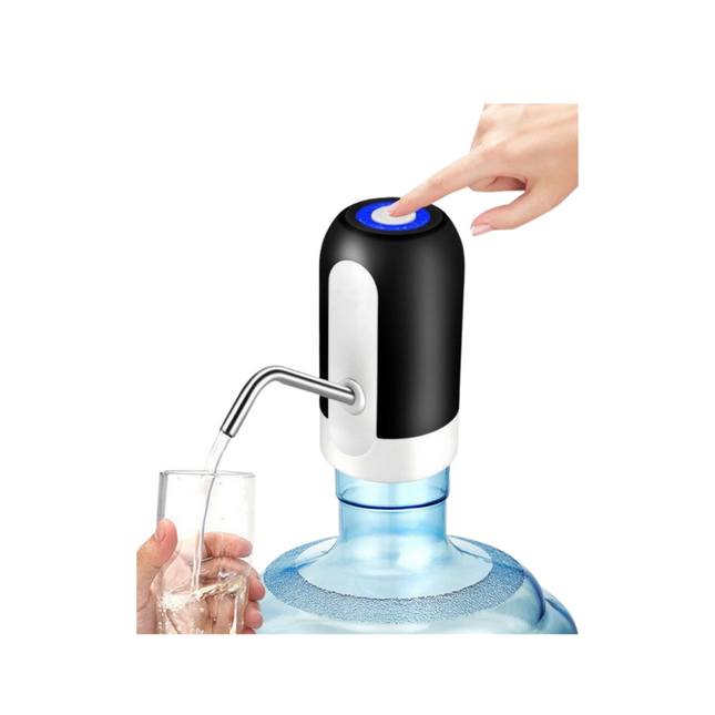 Hand pressing a button on a black and white water dispenser with a glass being filled.