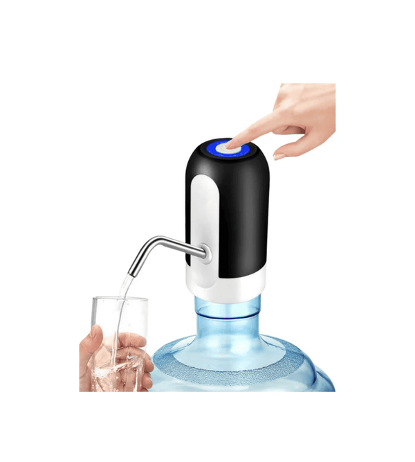 Hand pressing a button on a black and white water dispenser with a glass being filled.