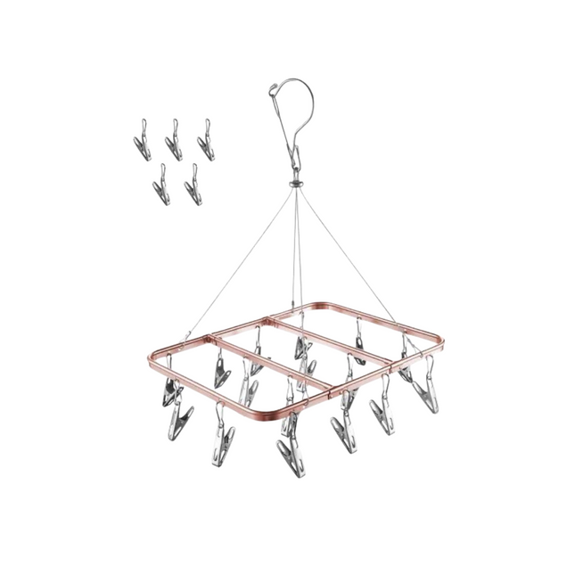 Clothes drying rack with clips on a white background