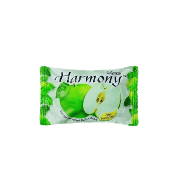 Harmony soap bar packaging with green and white design on a white background