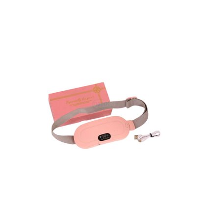 Pink eye mask with charging cable and packaging on a white background