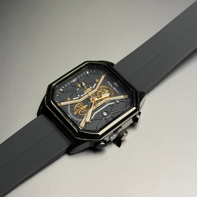 Polish Octane Black Skeleton Dial Men’s Watch with Silicone Strap