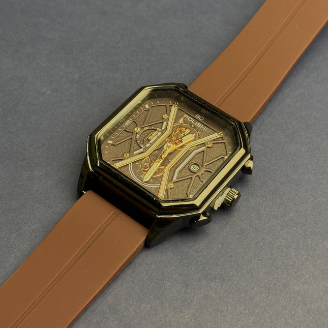 Polish Octane Brown Skeleton Dial Men’s Watch with Silicone Strap