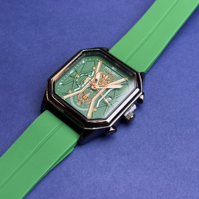 Polish Octane Green Skeleton Dial Men’s Watch with Silicone Strap