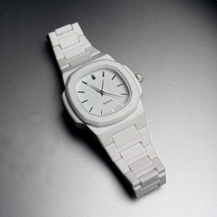Men’s White Square Dial Quartz Watch with Metal Strap