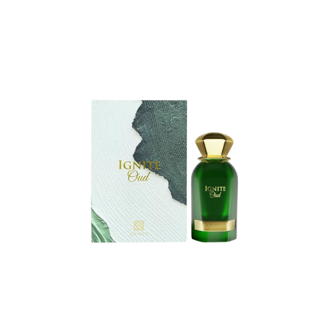 Green perfume bottle with gold cap and 'Ignite Oud' packaging on a white background