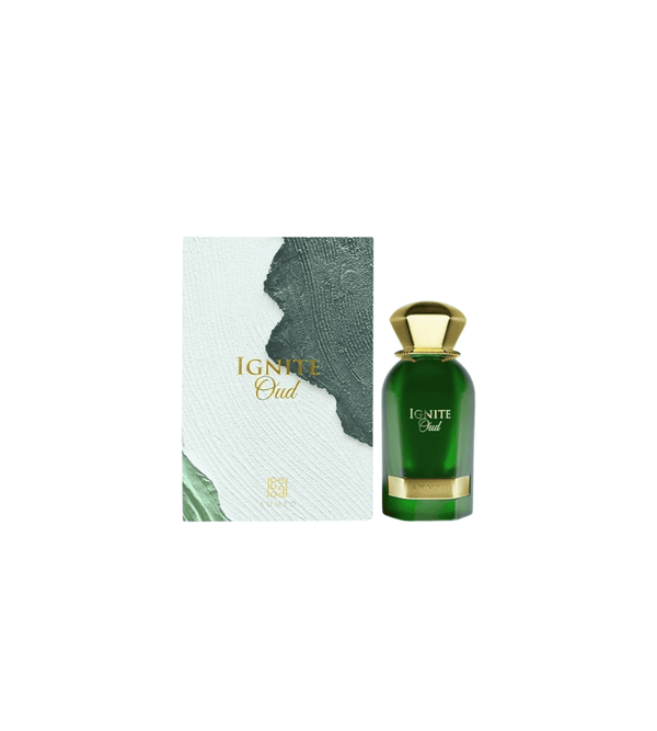 Green perfume bottle with gold cap and 'Ignite Oud' packaging on a white background