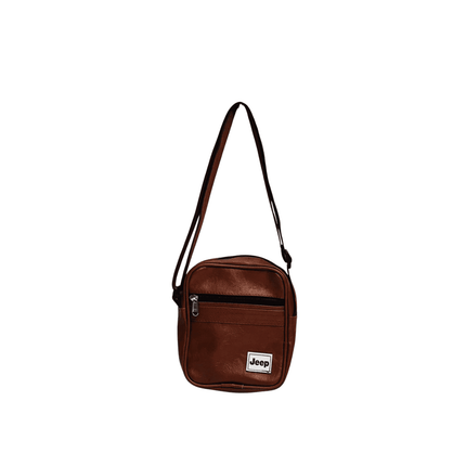 Brown leather crossbody bag with Jeep logo on a white background