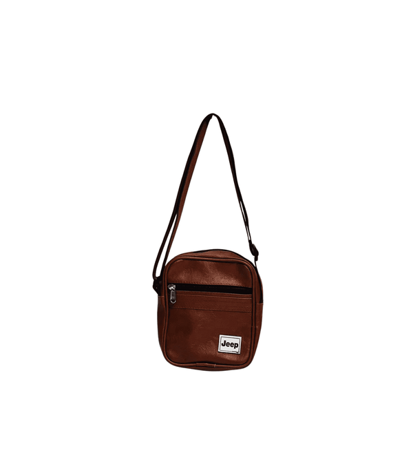 Brown leather crossbody bag with Jeep logo on a white background