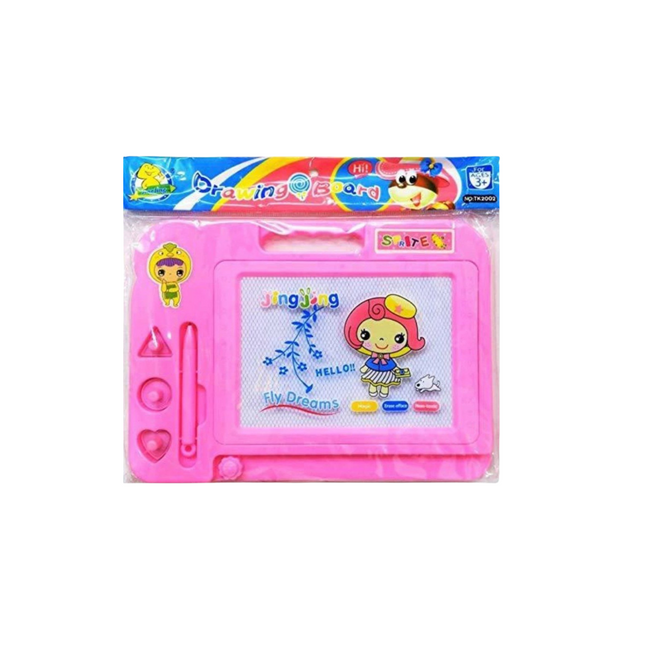 Pink toy tablet with character design on a white background