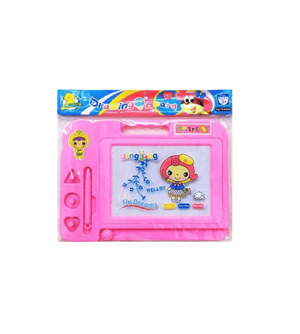Pink toy tablet with character design on a white background