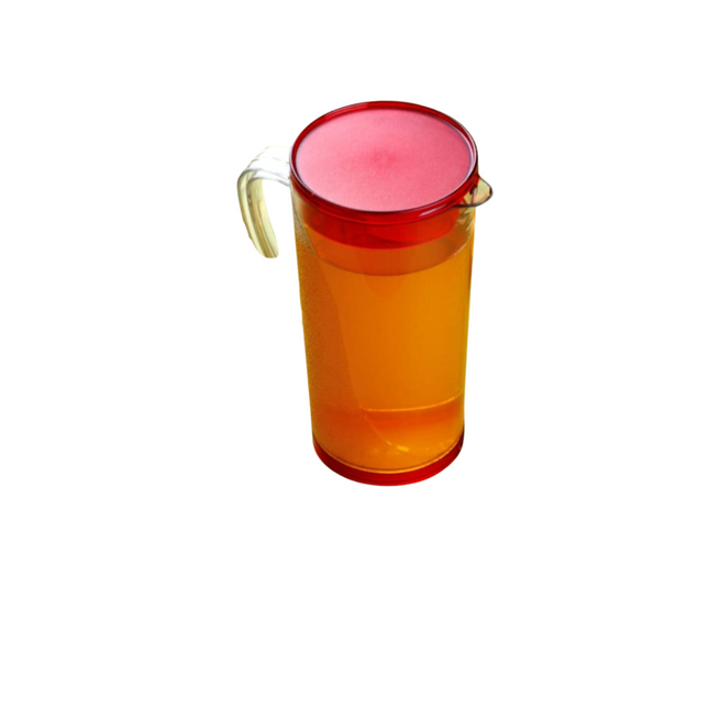 Clear plastic pitcher with red interior and handle on a white background