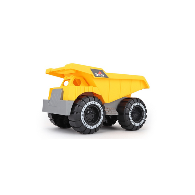 Yellow toy dump truck on a white background