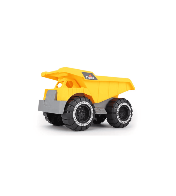 Yellow toy dump truck on a white background