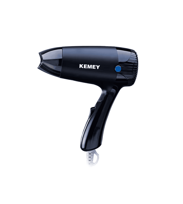 Black hair dryer with 'KEMEY' branding on a white background