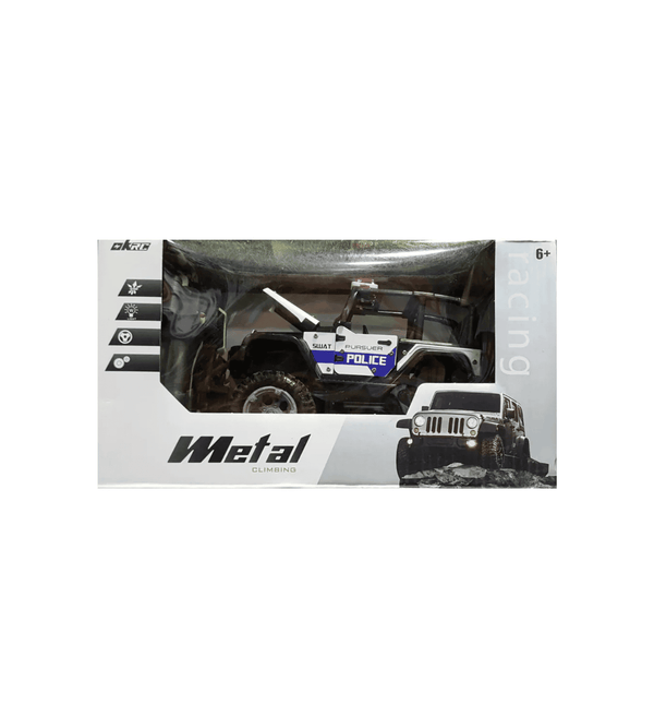 Boxed toy police vehicle with 'Metal' branding on a white background