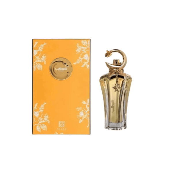 Perfume bottle and packaging with floral design on a white background
