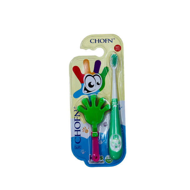 Children's toothbrush set with packaging featuring a cartoon character on a white background