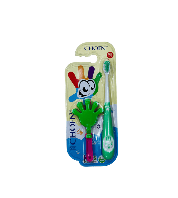 Children's toothbrush set with packaging featuring a cartoon character on a white background