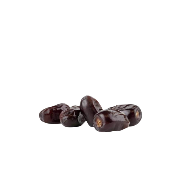Five dark brown dates on a white background