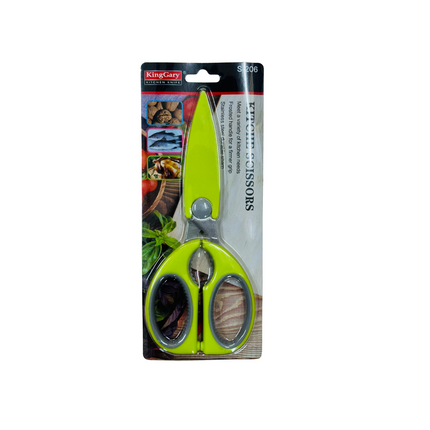 Green scissors with packaging on a white background