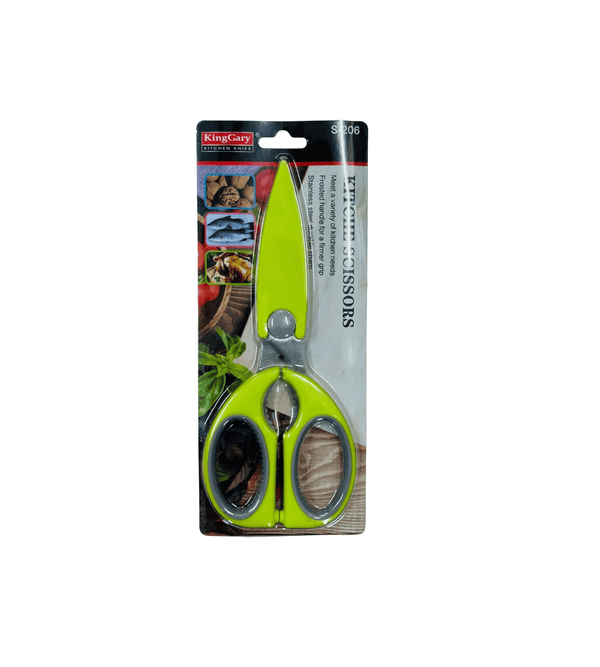 Green scissors with packaging on a white background