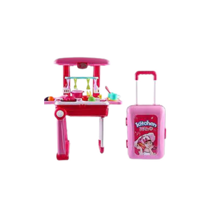 Pink toy kitchen set with a suitcase on a white background