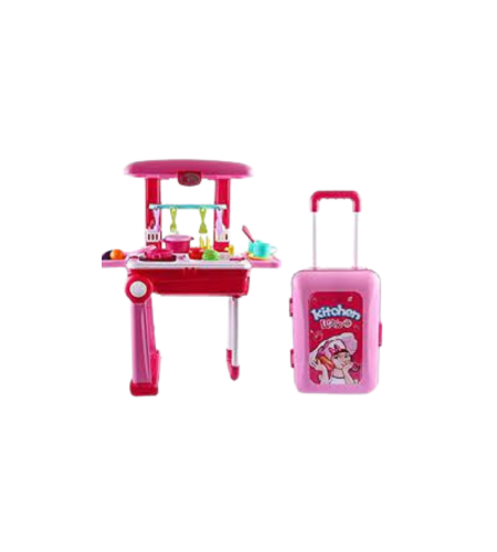 Pink toy kitchen set with a suitcase on a white background