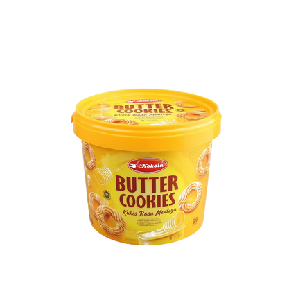 Container of Butter Cookies with yellow lid and white background