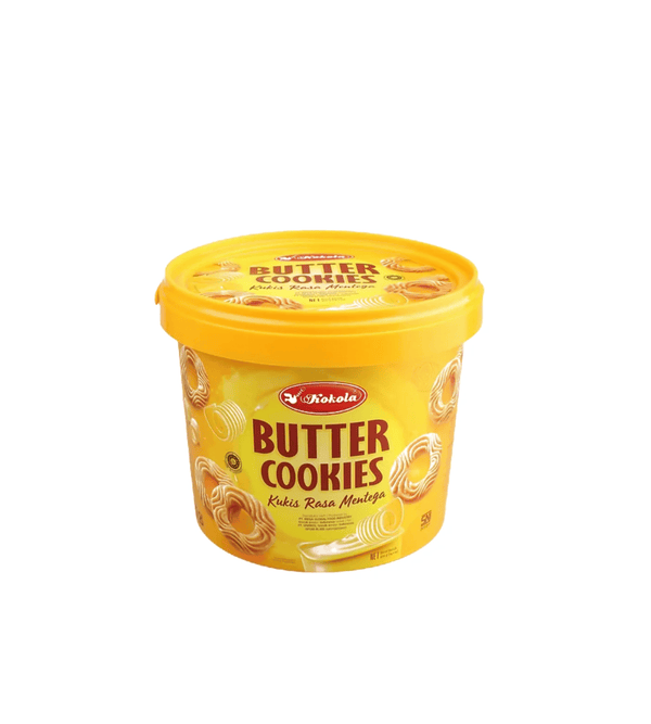 Container of Butter Cookies with yellow lid and white background
