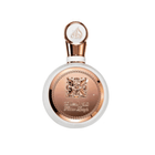 Perfume bottle with gold and white design on a white background