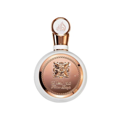 Perfume bottle with gold and white design on a white background