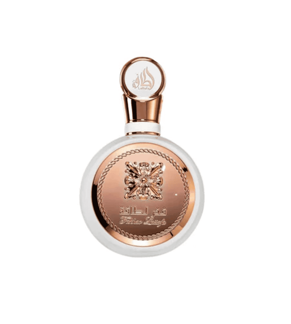 Perfume bottle with gold and white design on a white background