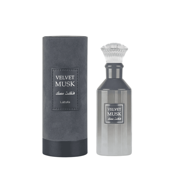 Lattafa Velvet Musk perfume bottle and packaging on a white background