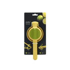 Yellow citrus press with packaging on a white background