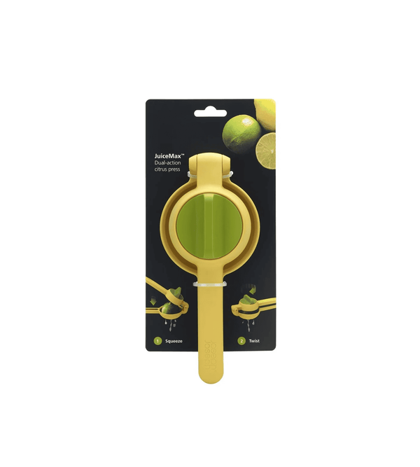 Yellow citrus press with packaging on a white background