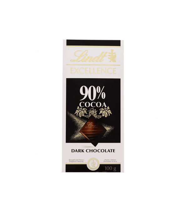 Lindt Excellence 90% Cocoa dark chocolate packaging on a white background