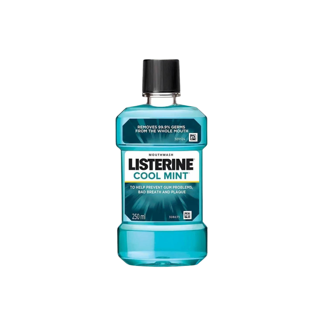 Bottle of Listerine Cool Mint mouthwash on a white background