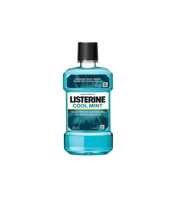 Bottle of Listerine Cool Mint mouthwash on a white background