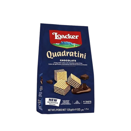 Loacker Quadratini chocolate wafer package on a white background
