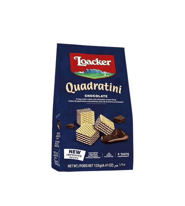 Loacker Quadratini chocolate wafer package on a white background