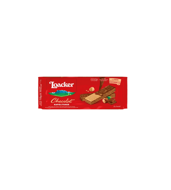 Loacker chocolate wafer package on a white background