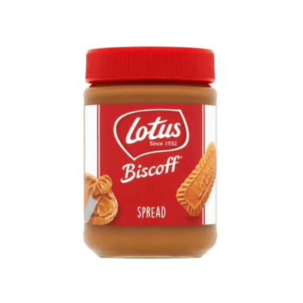 Jar of Lotus Biscoff spread on a white background