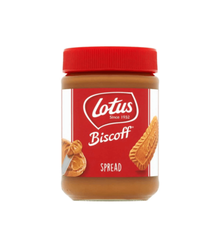 Jar of Lotus Biscoff spread on a white background
