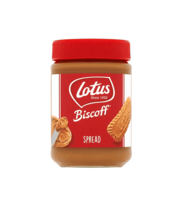 Jar of Lotus Biscoff spread on a white background