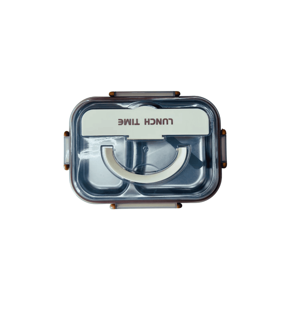 Clear lunch box with 'LUNCH TIME' text on a white background