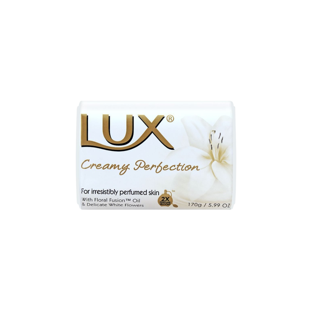 Lux Creamy Perfection soap bar packaging on a white background